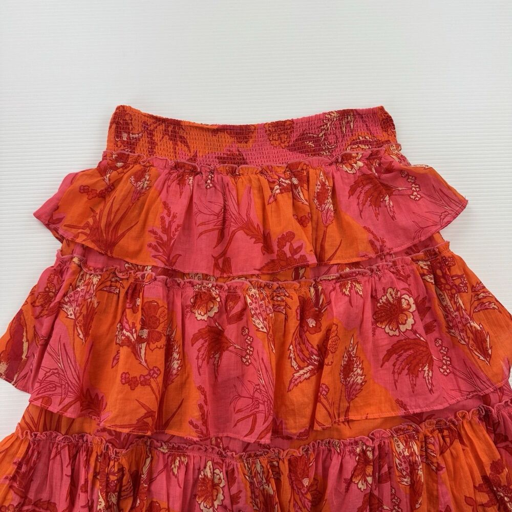Free People Sawyer Maxi Skirt M Pink Orange Tropical Tiered Ruffle Boho Cotton - Picture 4 of 10